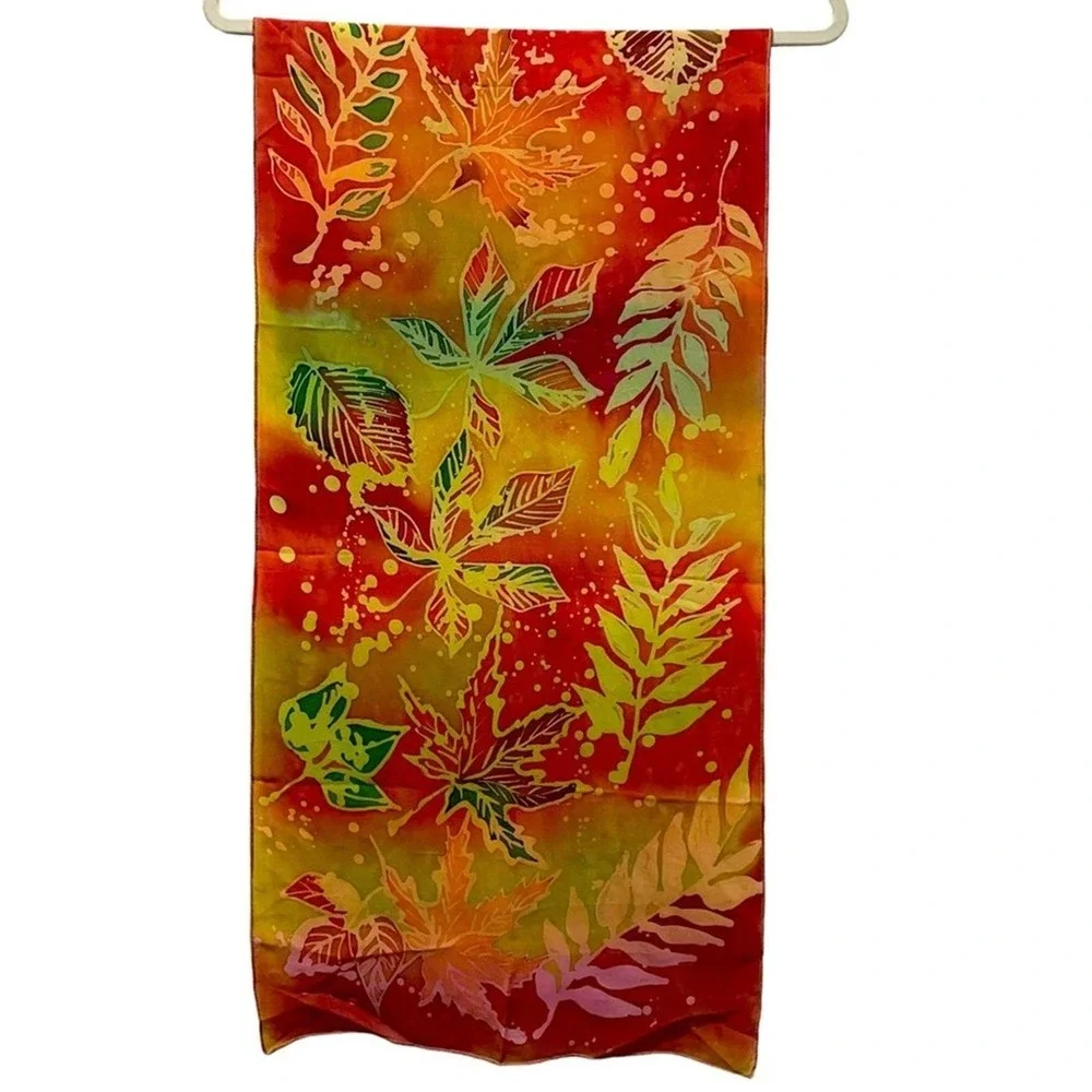 Batik Leaf Silk Scarf Womens Orange Green Fall Boho Chic Artsy Statement Vintage